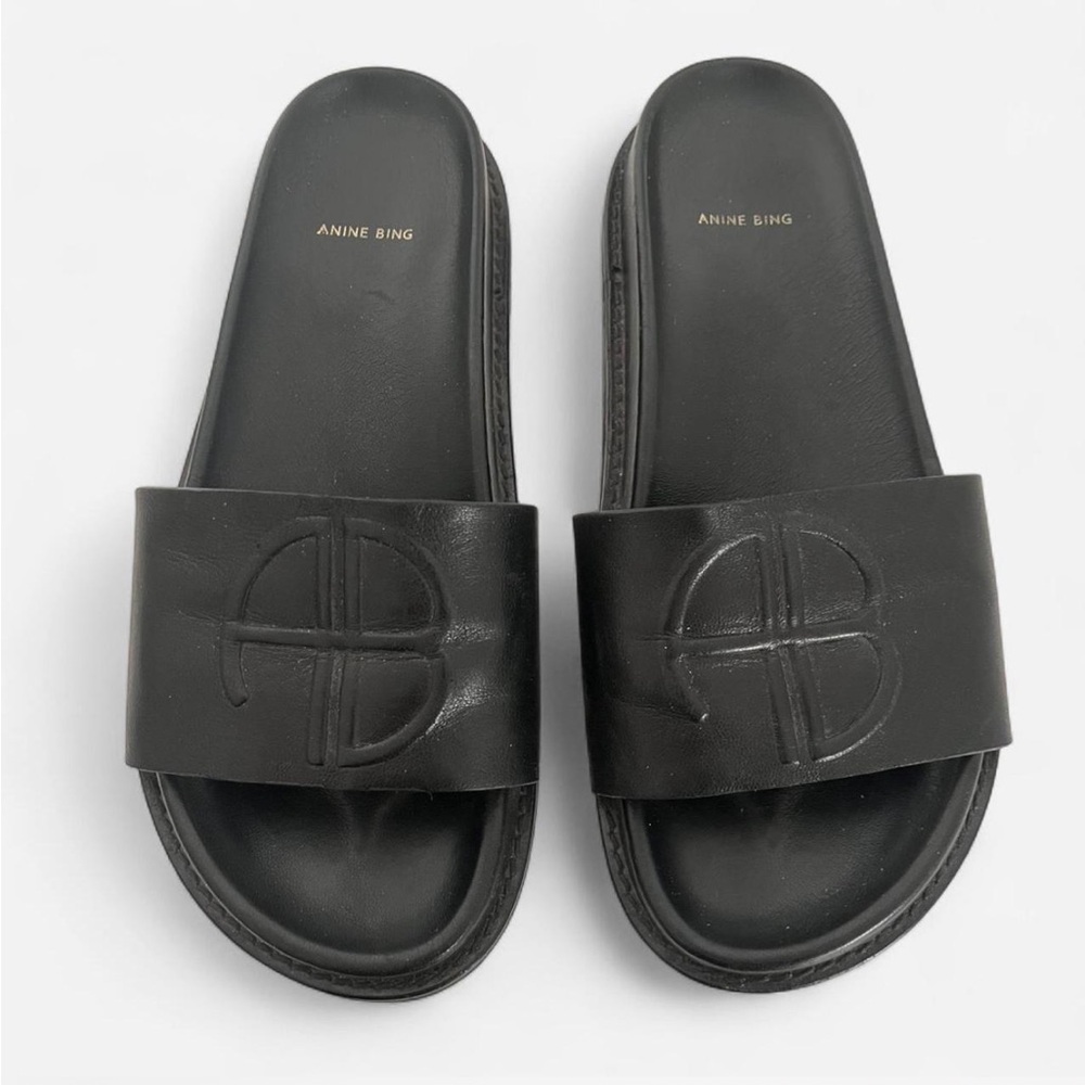 Anine Bing - Black Embossed Logo Leather Slides